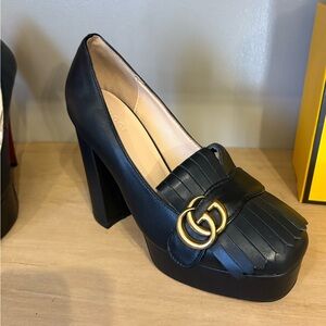 Gucci Black Heels with Gold Logo Accent
